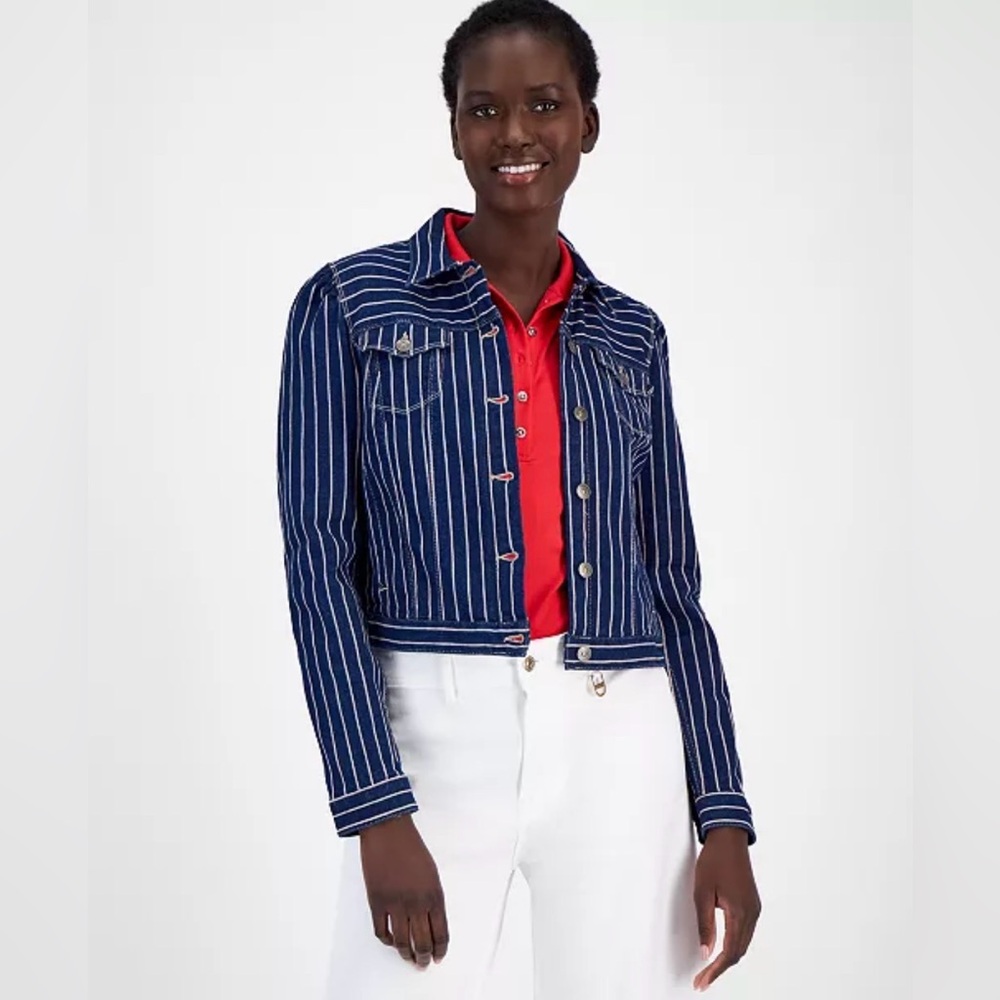 Nautica Jeans Women's Striped Denim Puff-Shoulder Jacket NEW